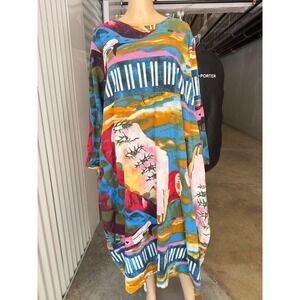 AUDATE 5XL Abstract Graphic Art Linen Cotton Long Sleeve Maxi Dress Lagenlook